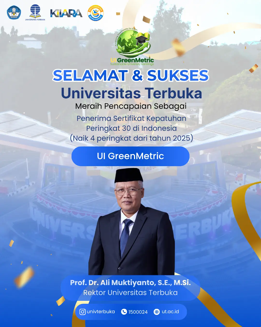 Universitas Terbuka Raih Sertifikat Kepatuhan dan Tembus Peringkat 30 Indonesia pada UI GreenMetric 2026 di UGM